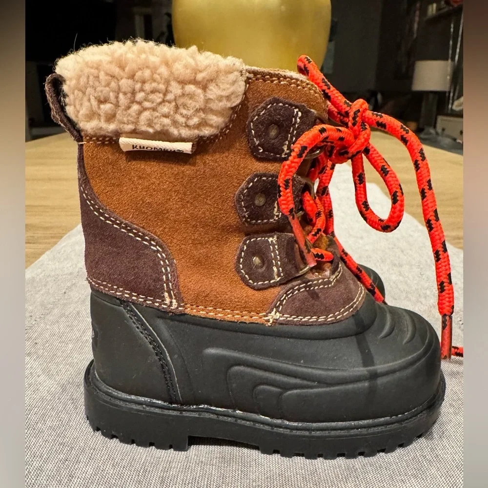 Khombu Snow Boots Boys Size 6 Kids Waterproof Leather Mid Calf Cognac/Brown